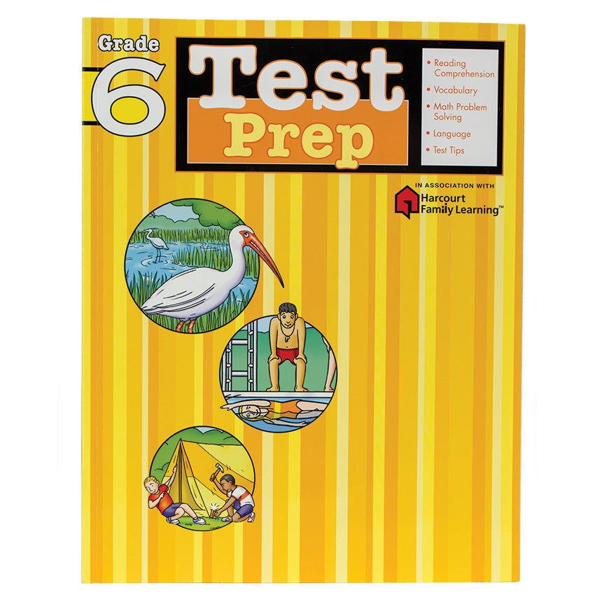 Test Prep Grade 6 book. The background is striped with different shades of yellow. The title at the top is next to a list of items covered in the book, including; Reading Comprehension, Vocabulary, Math Problem Solving, Language, and Test Tips. Below and to the left are 3 illustrations in circle frames. The top is of 2 white birds in a river, the middle is of a lifeguard looking down at a girl swimming in a pool, and the bottom is of 2 boys putting up a camping tent.