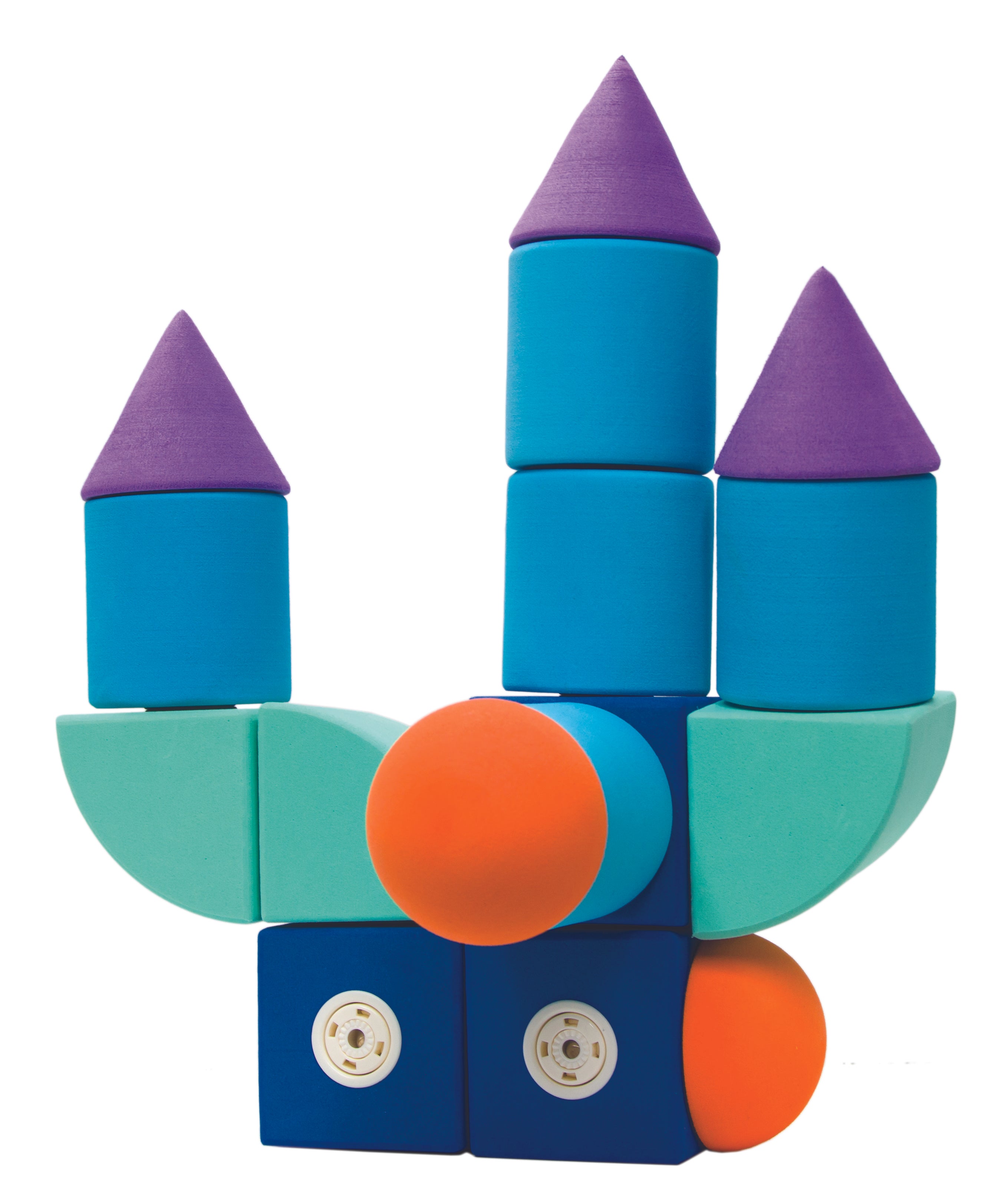 Block-a-Roo Once Upon a Stem blocks setup into 3 towers. The tower tops are purple cone shapes.  The cylindrical shaped blue pieces make up the tower portions. There are 3 dark blue square pieces, 3 turquoise rounded-triangle shapes, and 2 orange half circle pieces connected to the towers. They are stuck together by magnets inside each piece.