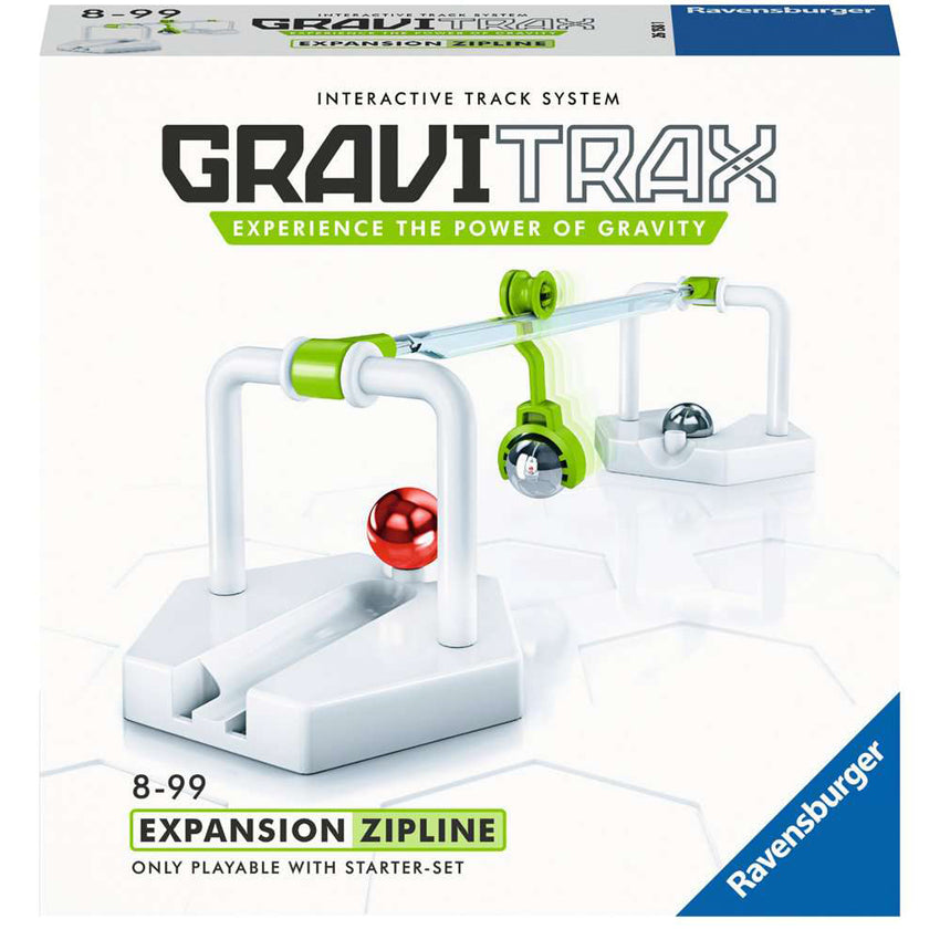 The GraviTrax zipline expansion set. The box cover in the back has the completed set on the cover. The base is 2 white hexagon shapes with zipline stands on each, and a long zipline piece connecting the 2 together and a silver marble on the zipline rolling across the line. There is a red and blueish-silver marble in place on each zipline base piece.