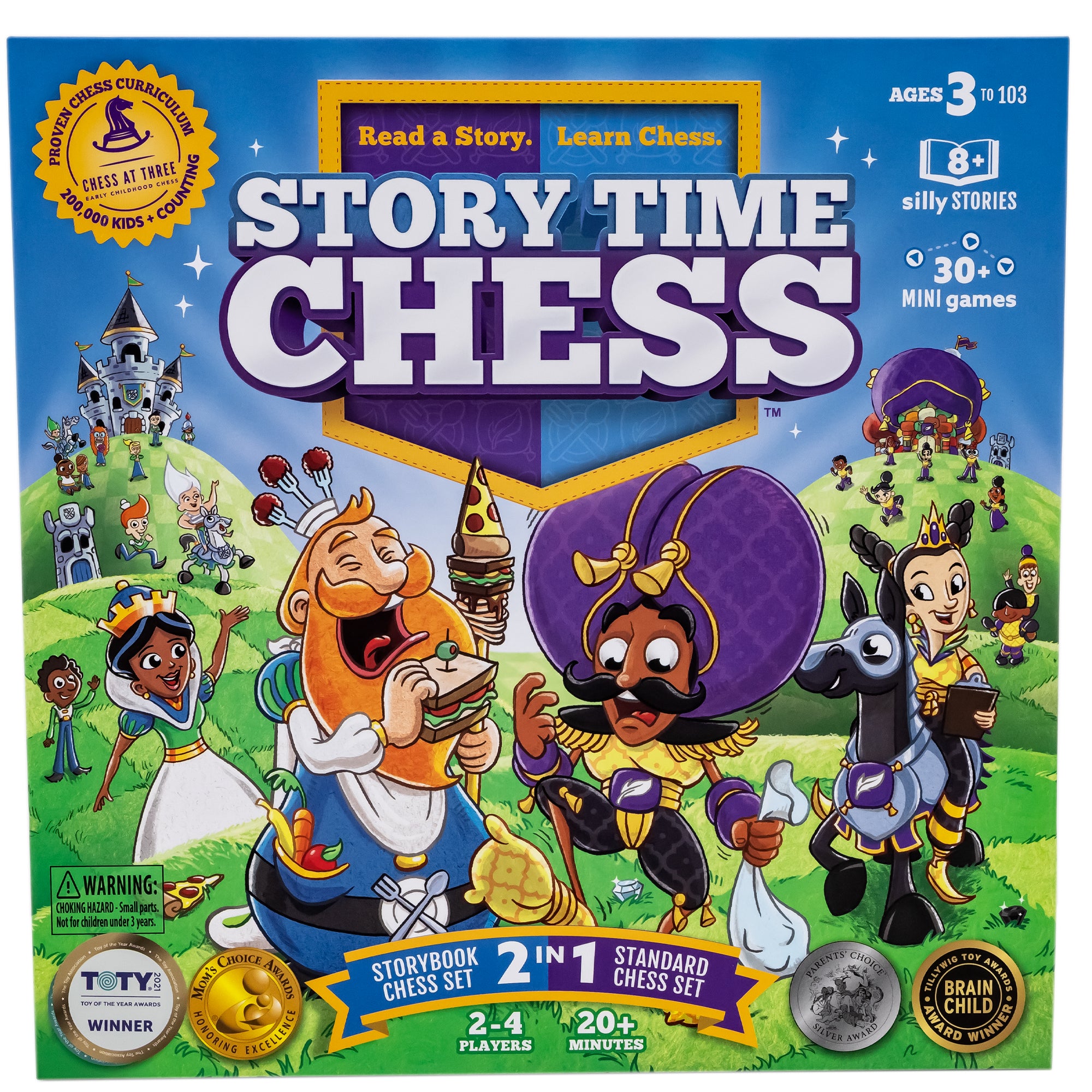 Story Time Chess Box cover showing a blue-sky background with green patchwork hills. There is a tall hill on each side with a castle on each. The left castle is standard with spires and flags. The right castle looks like a purple hot air balloon. Many characters are coming out of each castle and running to the front, some smiling, waving, and some riding horses. 2 men are in the front middle, the Kings of each castle. The left is eating a sandwich and laughing. The right is looking at his feet in concern.