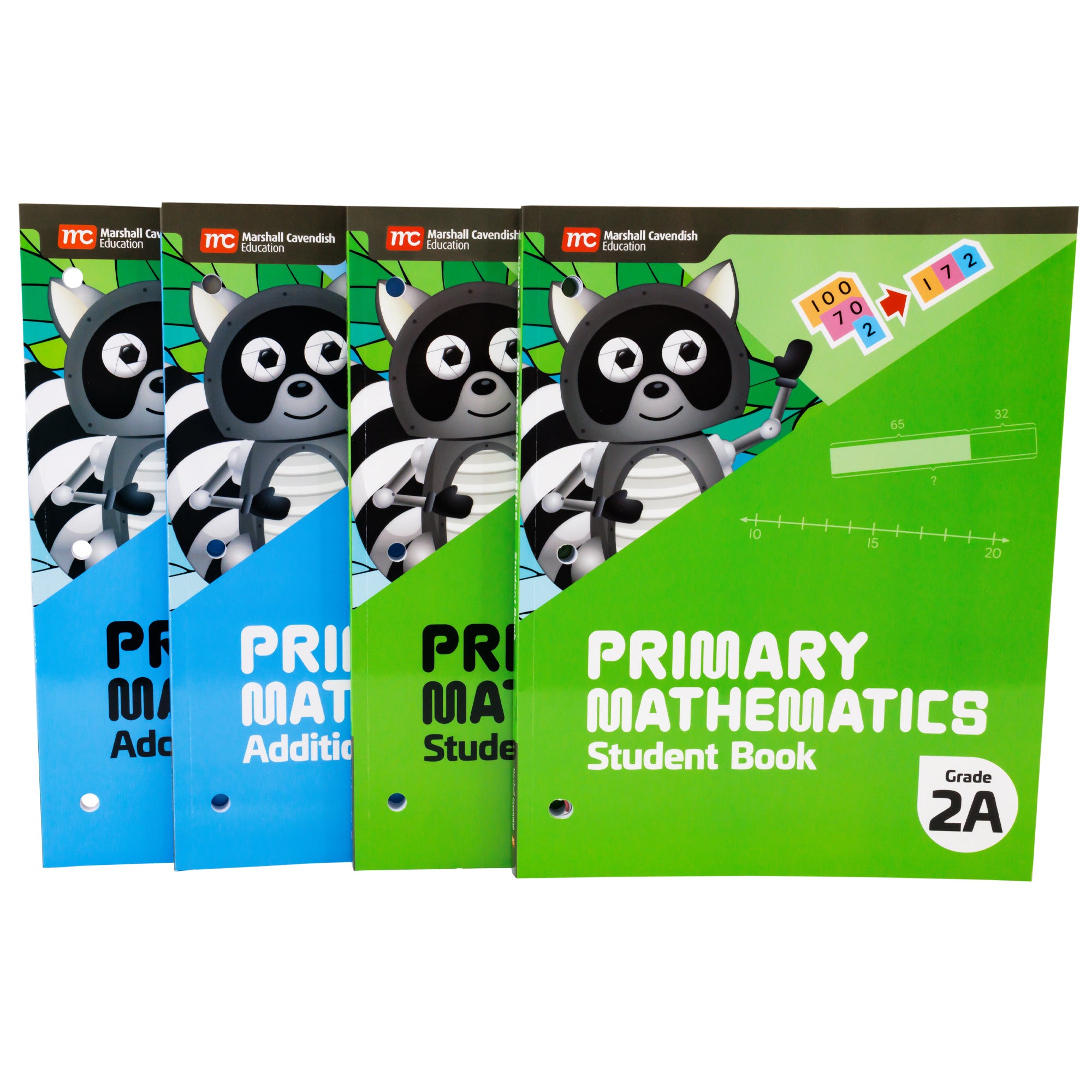 A row of 4 Singapore Primary Math second grade books. All books show a racoon on the cover with a blue background on the 2 left books and a green background on the 2 right books.