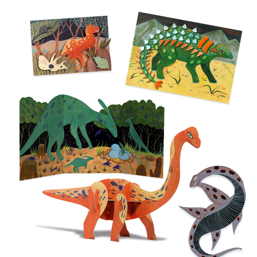 The Djeco World of Dinosaurs projects. The top row shows a T rex in the woods, and a ankylosaurus in the mountains. The middle shows a large, tri-fold parasaurolophus with eggs and babies’ scene. The bottom shows a 3 D brachiosaurus and styxosaurus.