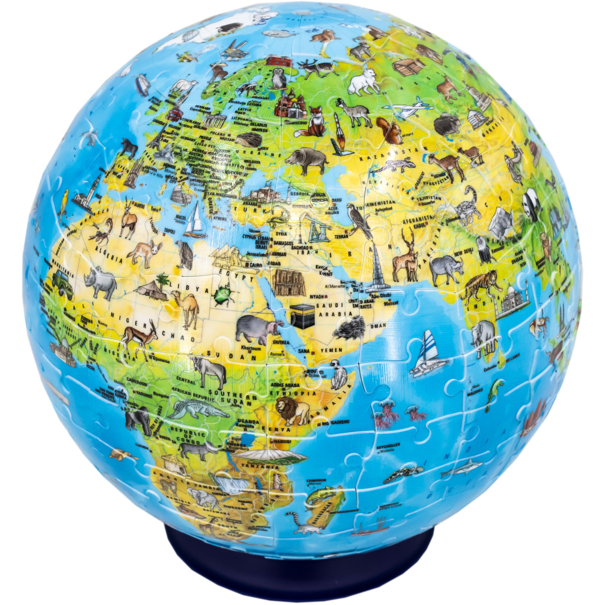 The Puzzleball Globe 180 piece set, put together and placed on a stand. The 3 D globe portion showing is of Africa, Europe, and west Asia. There are many illustrations of animals and famous building structures on the globe.