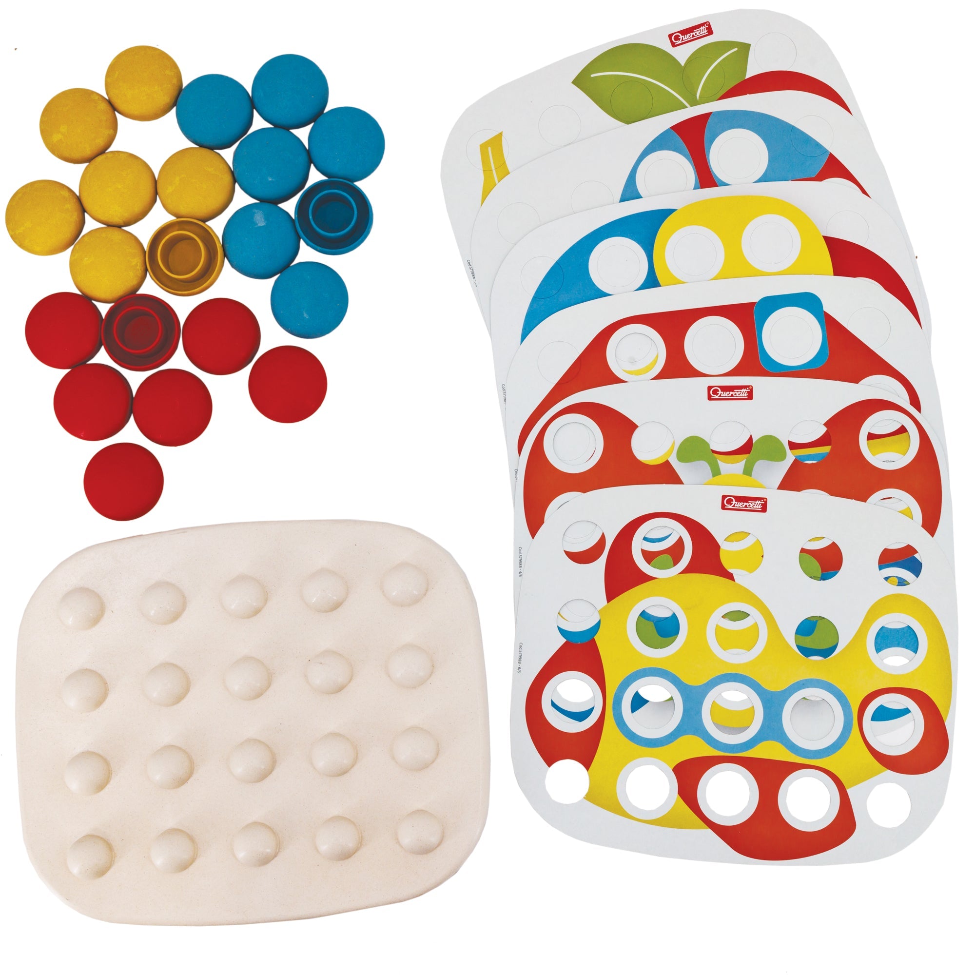 Quercetti Fanta Color Baby set contents. In the top-left are the round pieces that fit over the pegs on the main board below. The pieces are red, yellow, and blue. Below the pieces is the main board. It is rectangle with rounded corners and 20 pegs in a grid of 5 across by 4 down. To the right, fanned out, are 6 picture boards that go over the top of the peg board. You can see a plane, butterfly, apple, and other shapes.