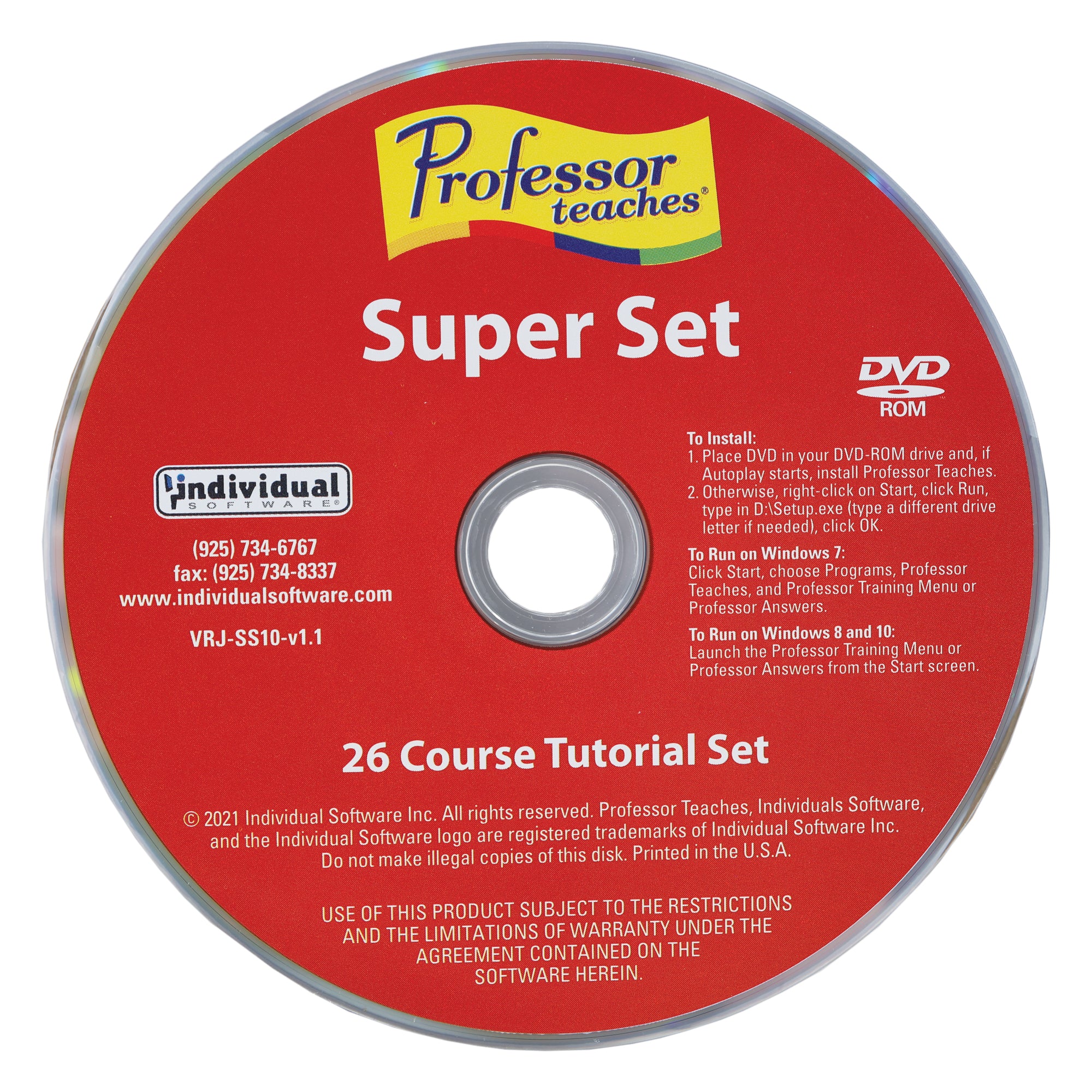 Professor Teaches Super Set DVD-Rom disc, colored red with white text. Main text reads "Professor Teaches Super Set" and "26 course tutorial set."
