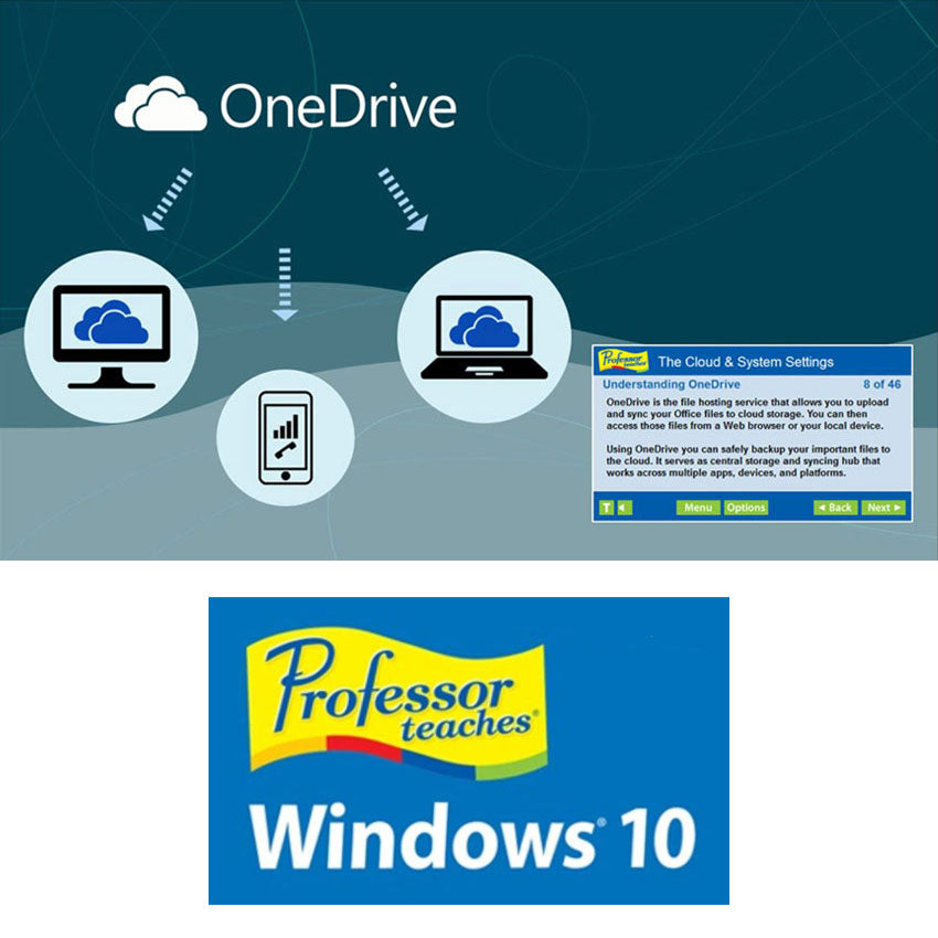 Professor Teaches Super Set DVD-Rom screenshot of the Windows 10 tutorial showing "OneDrive" with illustrations of a computer monitor with clouds on it, a cellphone with service bars and a phone icon on it, and a laptop with clouds on it. There is a window with the tutorial instructions in the lower-right titled "The Cloud & System Settings."
