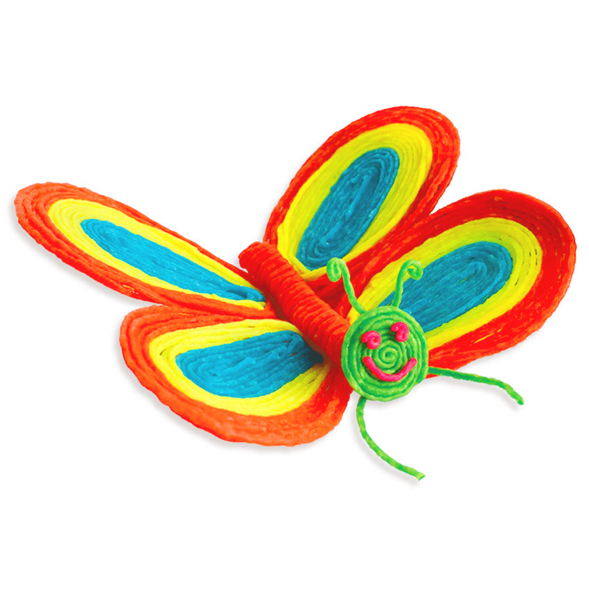 A butterfly created from Wikki Sticks. The wax sticks are curled in and stuck to each other to create the body and wings. The wings are orange, yellow, and blue. The body is orange with a green head and a hot pink eyes and mouth.