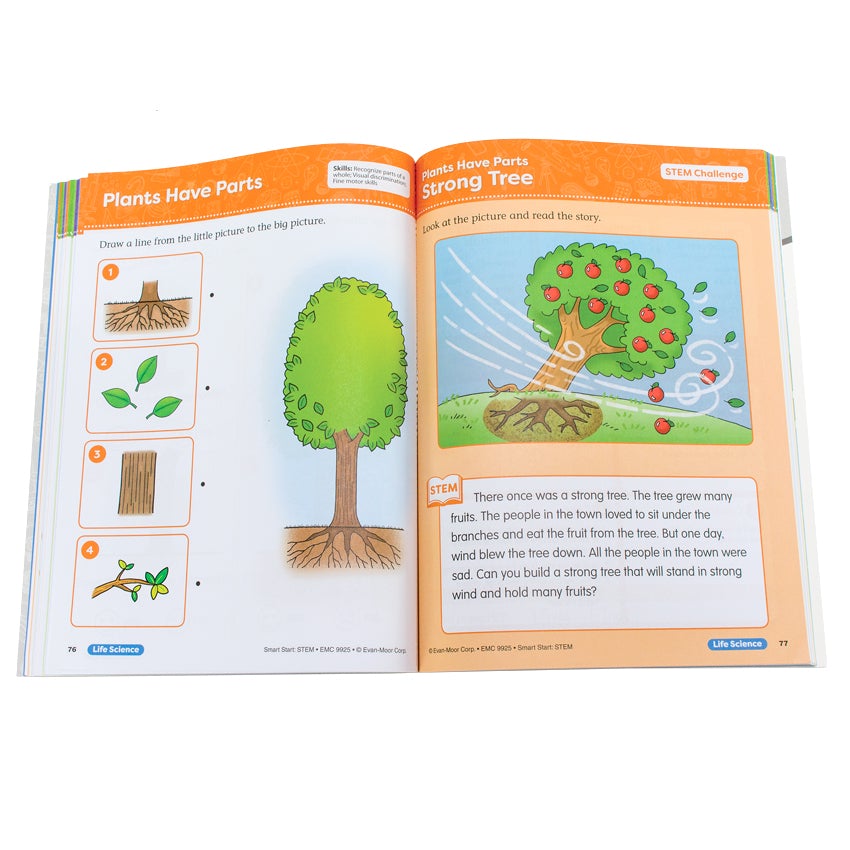 Smart Start Stem Pre K book open to show inside pages. The pages are white with an orange border at the top and the titles “Plants Have Parts” and “Strong Tree” on the top. The left page shows a tree and 4 images in a column to the left of the tree parts. You are meant to draw a line from the tree parts, to the picture of the tree. The right page shows an apple tree being blown sideways by a strong wind. There are leaves and apples flying off the tree. There is a story below of a strong apple tree.