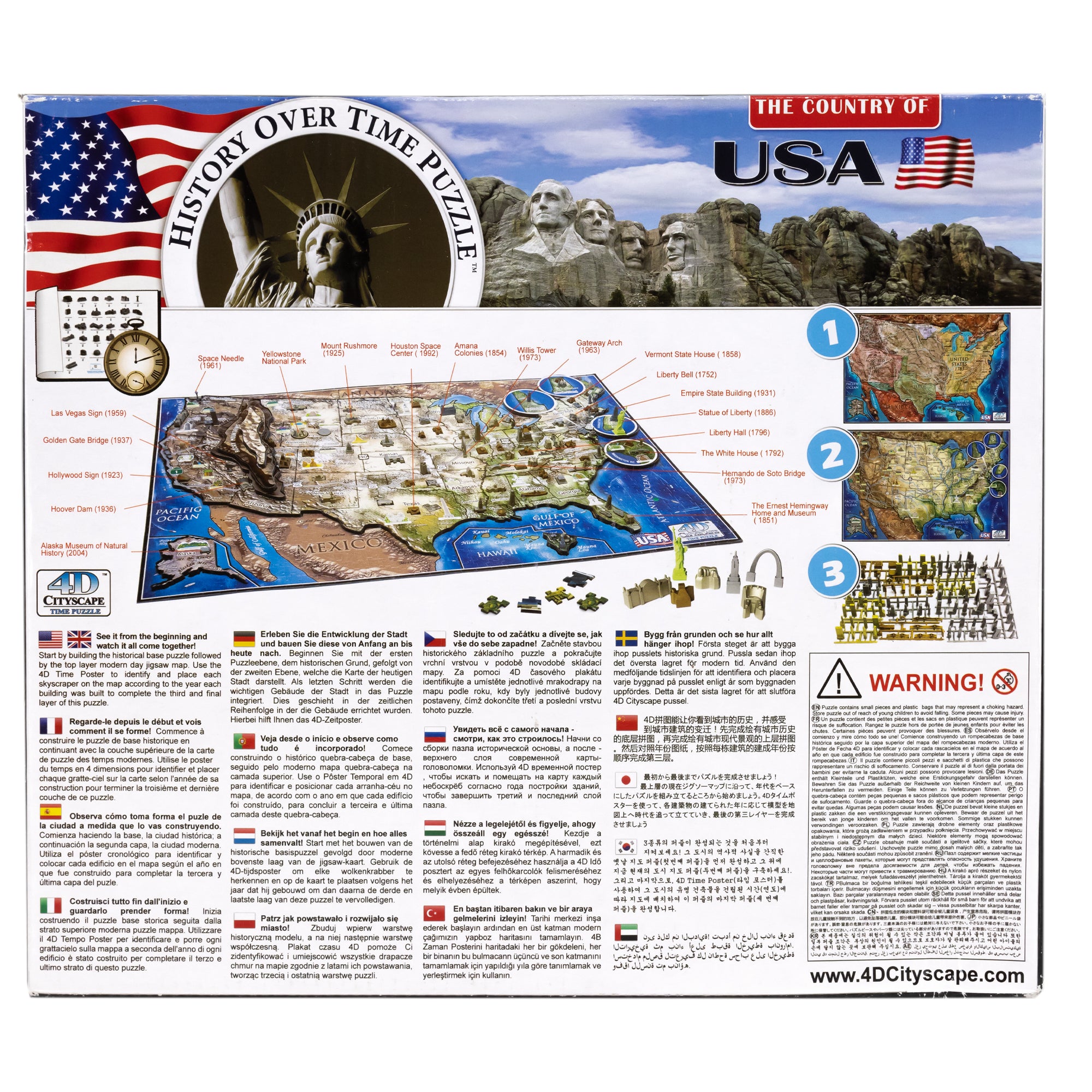 The back of the U S A, History Over Time Puzzle box. Across the top is an American flag, The Statue of Liberty surrounded by a round border with the title inside, and Mount Rushmore. Below is an image of the completed puzzle with several famous building pieces off to the side. To the right, it shows 3 steps; the puzzle base, the 2nd layer, and the iconic building pieces. At the very bottom is a warning written in many languages.