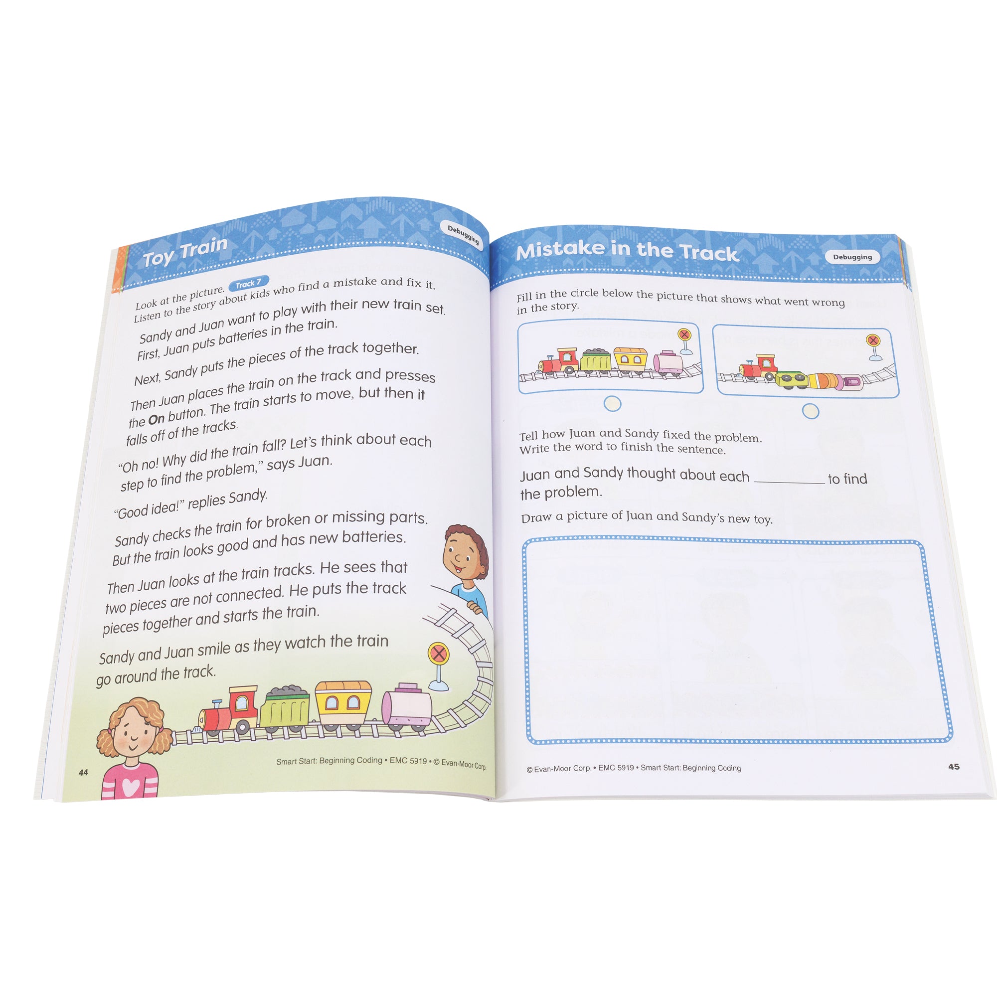 Smart Start Beginning Coding book open to show inside pages. The white pages have a blue top border with titles inside. The left page, titled “Toy Train,” shows an illustration of a girl and a boy playing with a toy train. There is a story about the 2 children putting a train together, finding a problem, and fixing it. The right page, titled “Mistake in the Track,” has you discuss portions of the train story and indicated the picture associated with the train story.