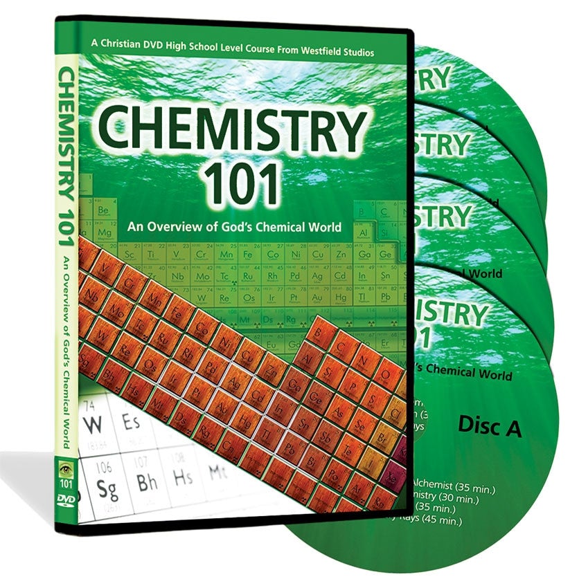 Chemistry 101 DVD case is mostly green. The background has green colored water at the top and leads down into a periodic table below. Over the top is a brown periodic table. To the right, the DVD's are stacked on top of each other from bottom to top.