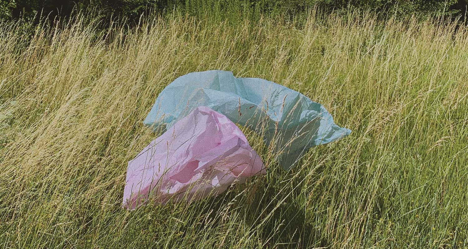 Sacs de plastique trainant dans la nature, signe de la crise de la pollution plastique