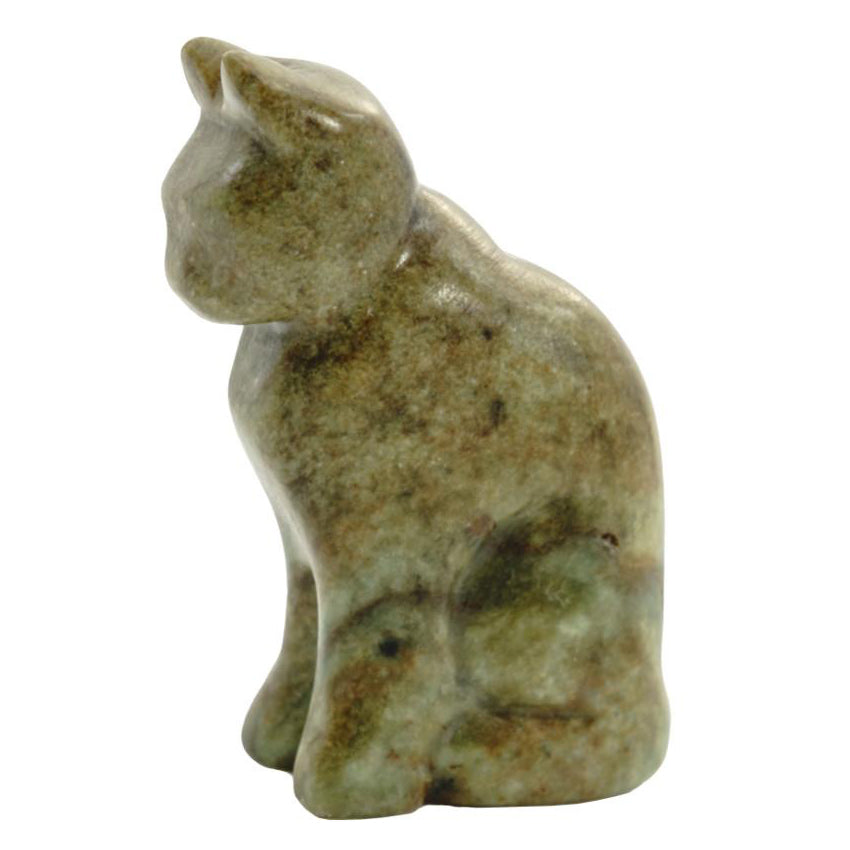 Green and brown colored soapstone cat figurine with a white background.
