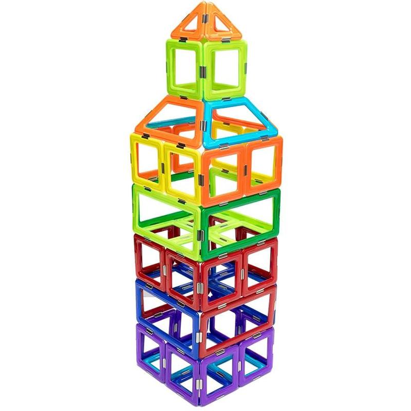 GeoSmart Educational Deluxe pieces stuck together to form a 3 D skyscraper. The tall skyscraper is rectangle shaped with a smaller pointed top. The geometrical shaped pieces are square and triangle shaped and come in a variety of colors, including; purple, light blue, dark blue, red, light green, dark green, orange, and yellow.