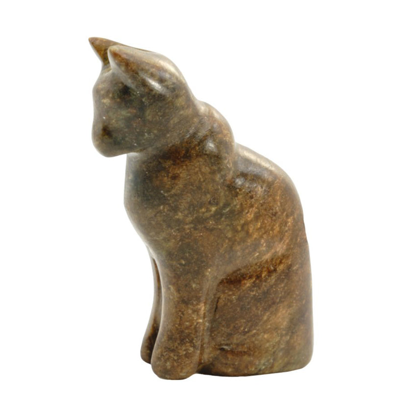 Brown colored soapstone cat figurine with a white background.
