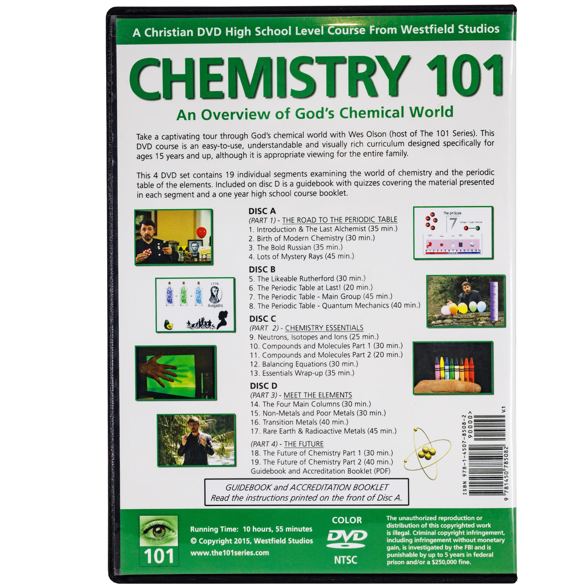The Chemistry 101 DVD case back. It is light gray with green borders on the top and bottom. There are 7 images on either side of black text, including; a man holding science manipulatives, an image that shows 3 glass bottles and illustrated images, a mans hand in front of a green glowing screen, an illustrations showing a PH scale, a man standing in front of 5 colored balloons, and a hand holding 8 different colored crayons.