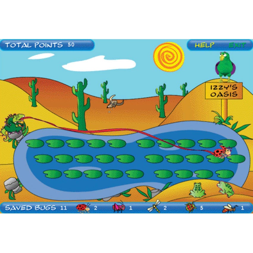 Typing Instructor for Kids screenshot of a pond with lily pads. The background is a desert scene with cacti and an animal skull and a swirling hot sun. To the back right of the pond is a parrot sitting on top of a sign labeled "Izzy's Oasis." In the pond are lily pads in 3 rows. On the last lily pad in the middle row is a ladybug that is being snatched by the tongue of a lizard sitting on the left of the pond.