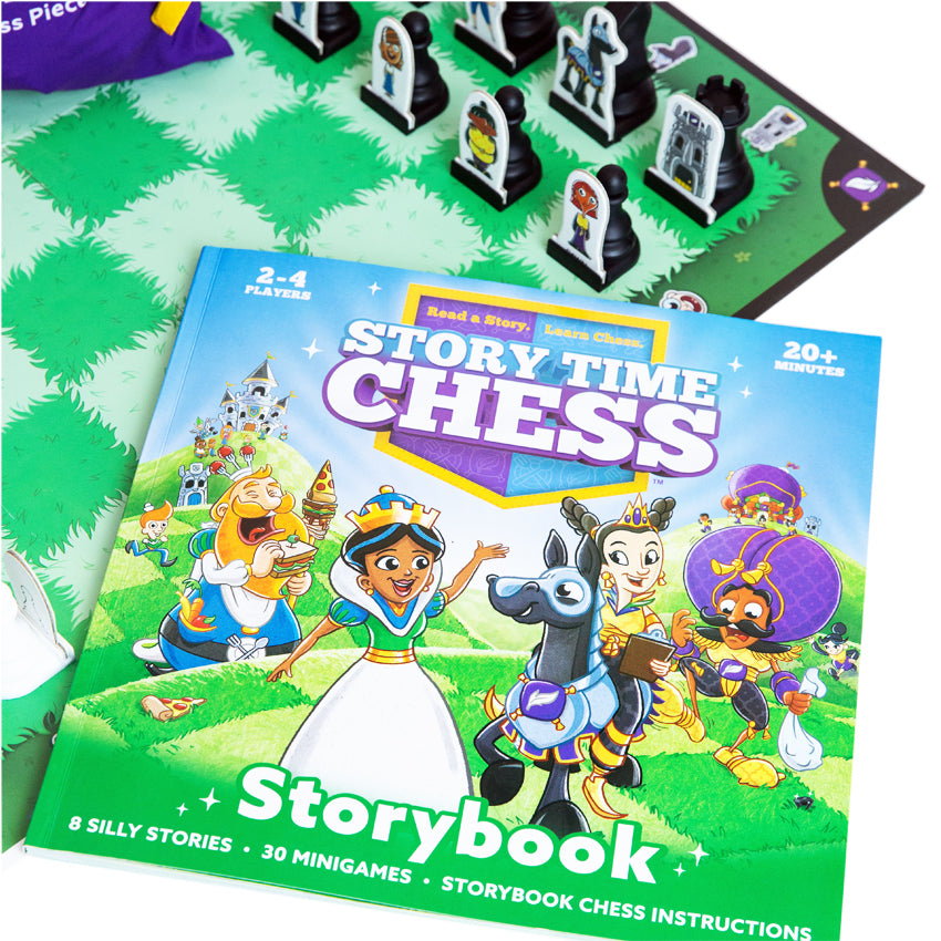 Story Time Chess game board and Storybook laid out. The game board squares are green grass, alternating darker green and lighter green. On top of the board, set in the starting position are the black pieces with their characters attached. The Storybook is laid over the game board. The cover shows 2 Queens in the middle, the right queen riding a horse. Behind them are the Kings, followed by more characters running down the hills behind them.