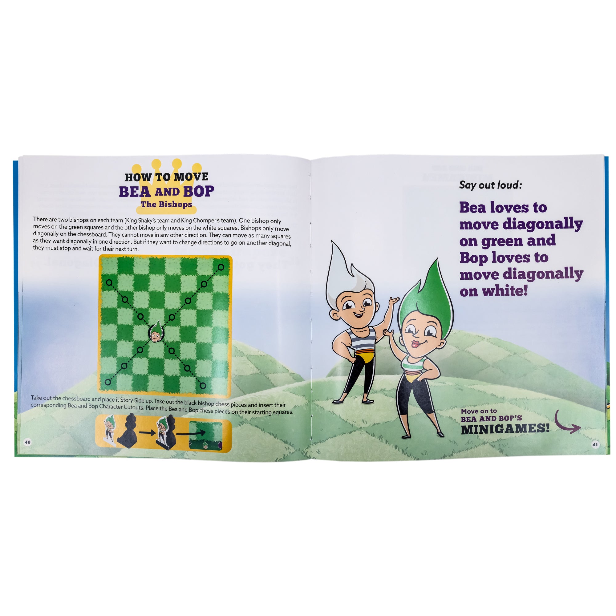 Story Time Chess instruction book open to show “How to Move Bea and Bop, The Bishops.” This title is written over a yellow crown icon. Under the title and some text is an illustration of the dark and light checkered game board. There is a character image and arrows pointing in the directions they are allowed to move. There is another instructional image at the bottom of the left page. On the right are Bea and Bop standing on the patch work, green, grassy hills, waving.
