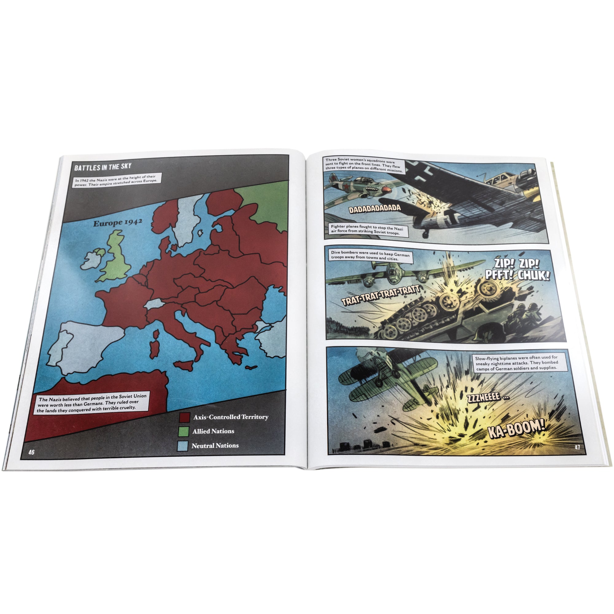 Amazing World War 2 Stories book open to show inside pages. The left page shows a 1942 map of Europe, colored maroon for Axis-Controlled Territories, green for Allied Nations, and light blue for Neutral Nations. The right page shows 3 types of planes and their uses. The Fighter Plane on top was used to stop the Nazi air force from attacking the Soviet troops. The Dive Bomber, in the middle, kept German troops away from towns and cities. The Biplanes were used for night time attacks on German camps.