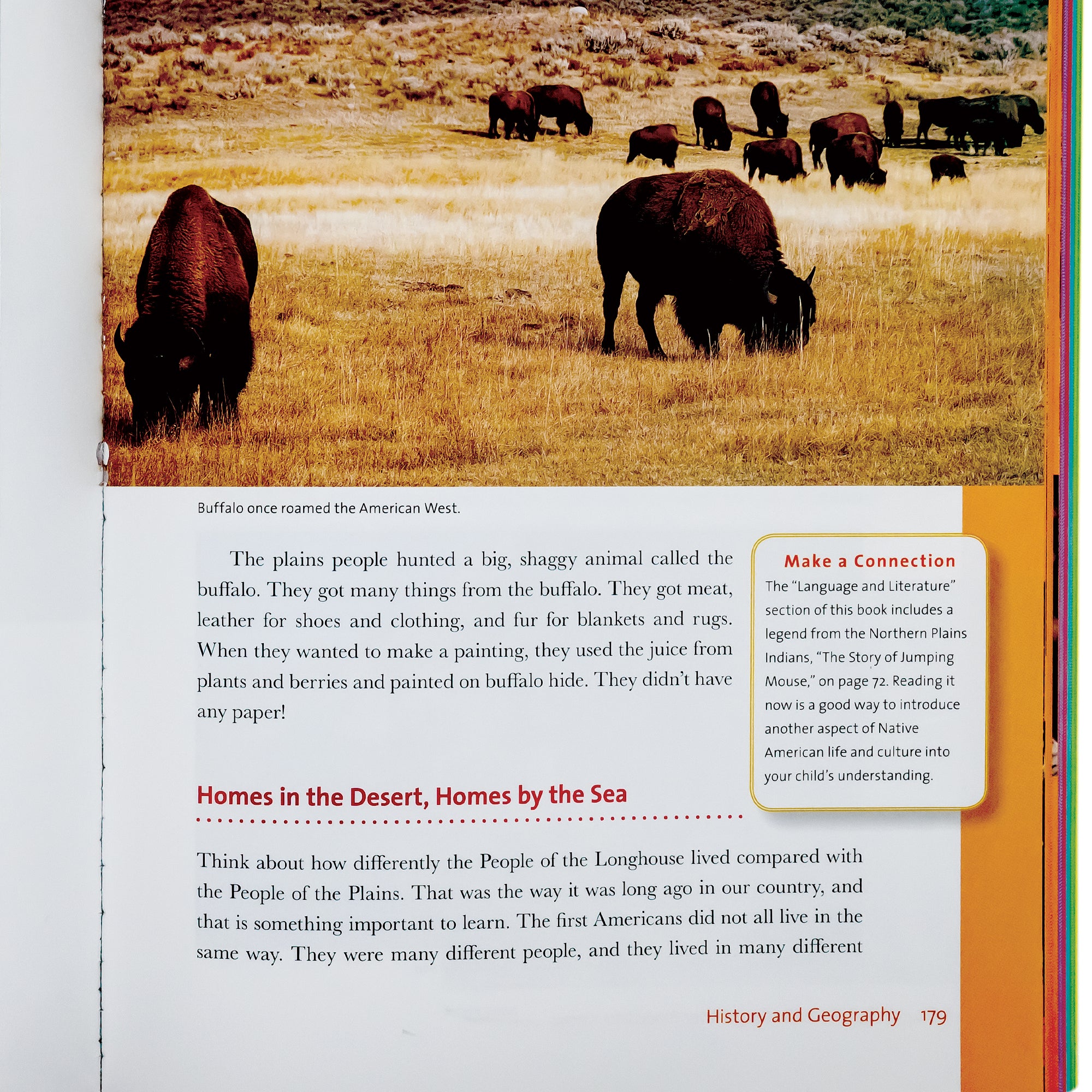 A close up shot of What Your Kindergartener Needs to Know book page. The top of the page shows buffalo grazing in a brown field. Below is black text on a white page with an orange border on the outer right of the page. The text speaks about different homes and locations.