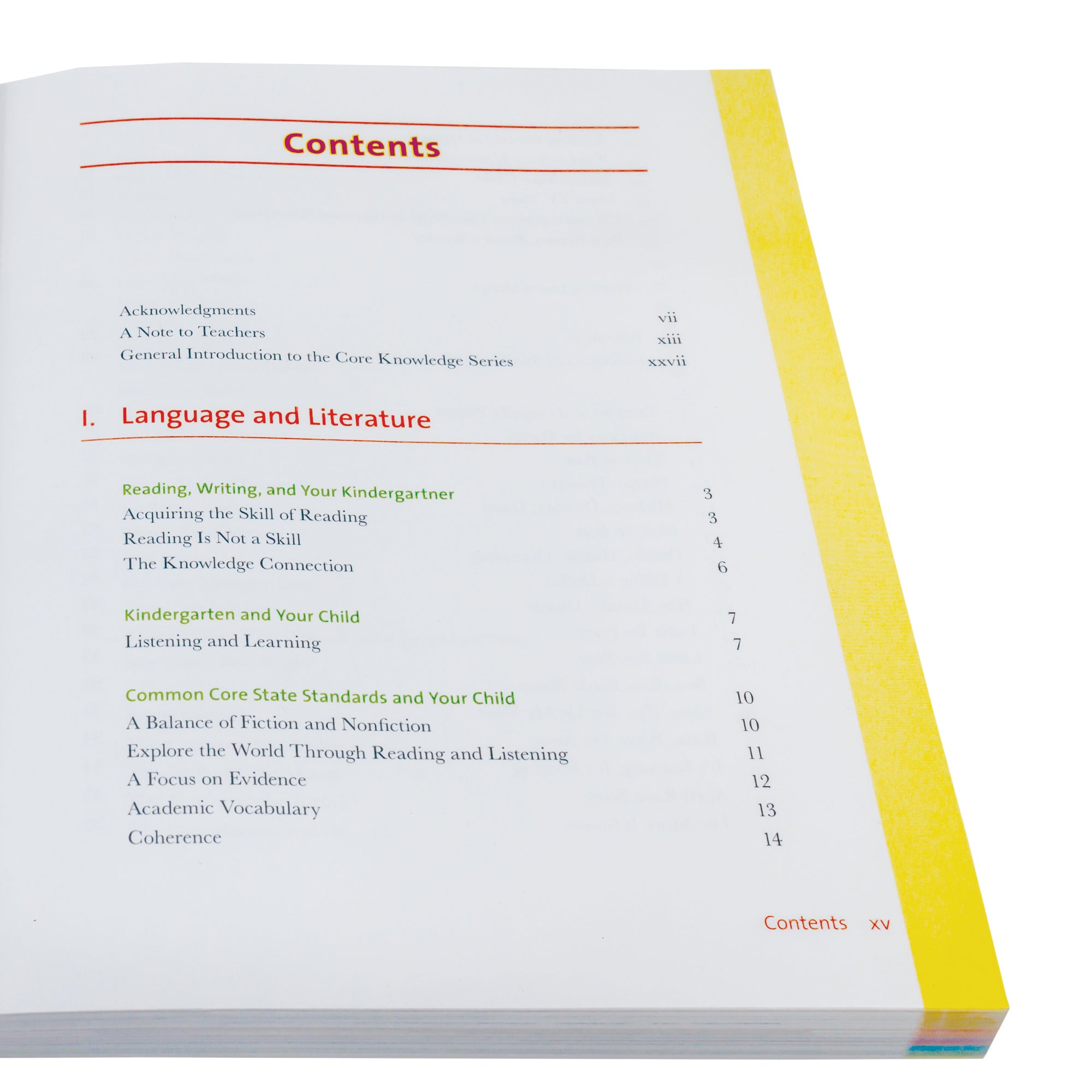 The What Your Kindergartener Needs to Know book open to show the contents on a white page with a yellow boarder along the outside of the page. The titles are red with subsection titles in green and black for the parts. Section 1 is titled “Language and Literature.”