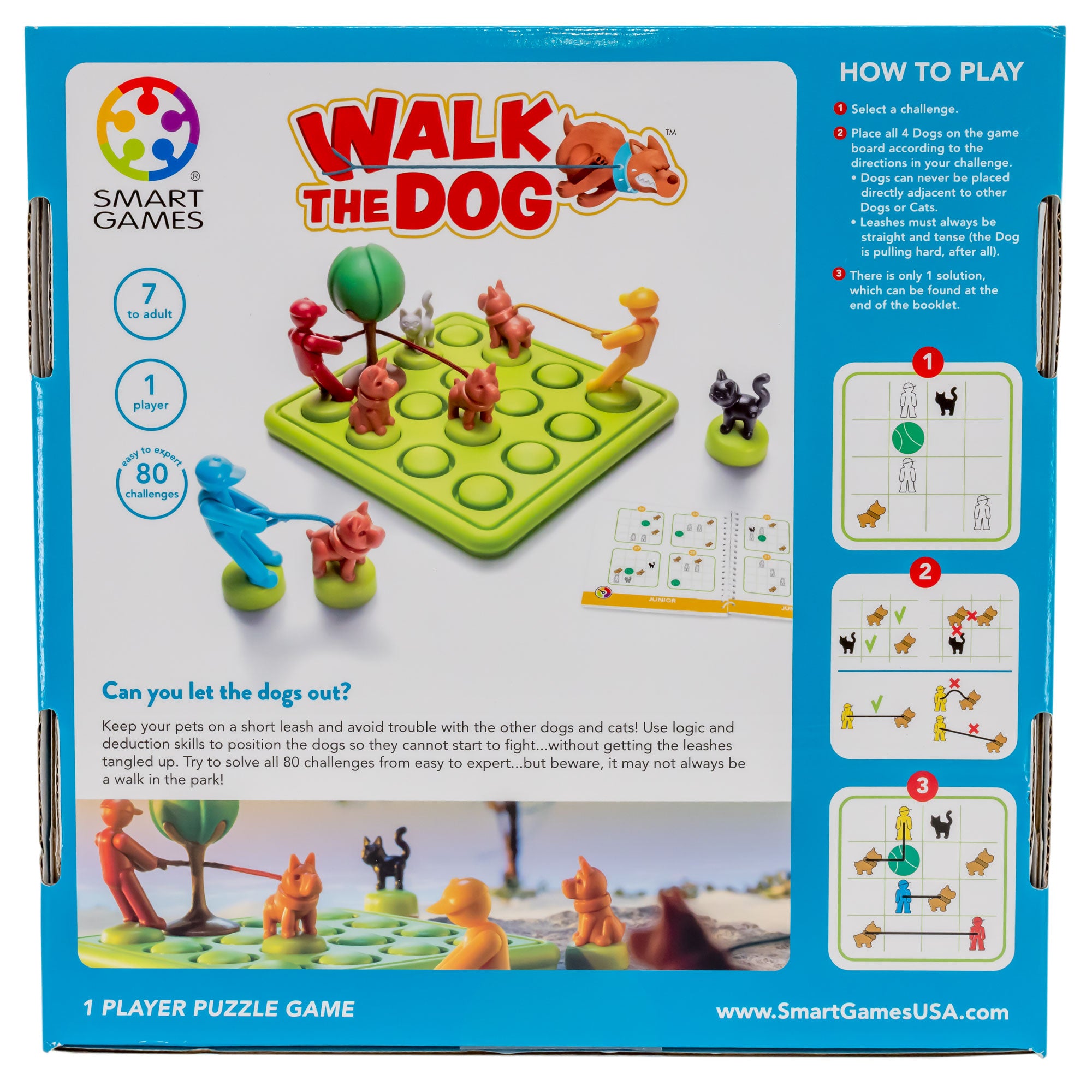 The Walk the Dog Smart Game box back. The box shows the game board with pieces all around. The pieces are colorful men with leashes attached to a dog, a cat, and a tree. To the right are 3 pictures, showing how to play the game. The box indicates that the game is 1-player and is recommended for age 7 or older. There are 80 challenges.