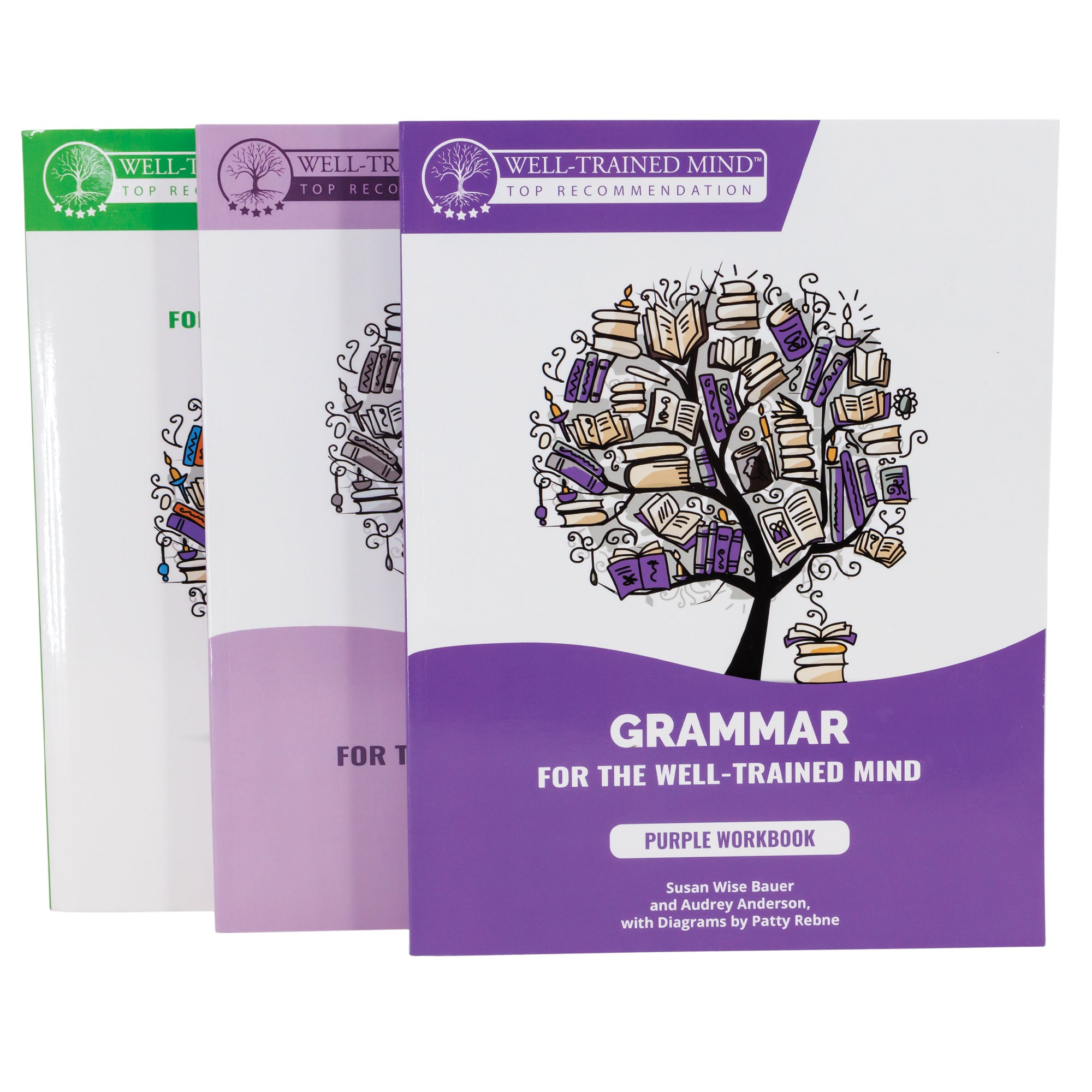 Grammar for the Well-Trained Mind purple bundle of 3 books. The front book has a white top and a purple bottom with a wave shape between the 2 colors. There is an illustration in the white section of a tree with books for leaves and a stack of books near the trunk. In the purple section at the bottom is white text, including the title and “Purple Workbook.” Tucked behind the purple book is a lighter purple version of this book, then a green version behind the light purple book.