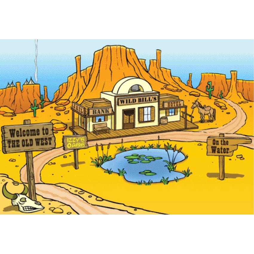 Typing Instructor screenshot of an old west desert village. Orange plateaus make up the background with tents and camp fire smoke on the left plateau. In the center is a small wild west town with a bank on the left connected to "Wild Bill's" in the middle and a hotel connected on the right with a horse tied up. In front of the town is a dirt road and pond. 3 signs read "welcome to the old west" on the left, "Izzy's Oasis" in the middle, and "on the water" on the right.