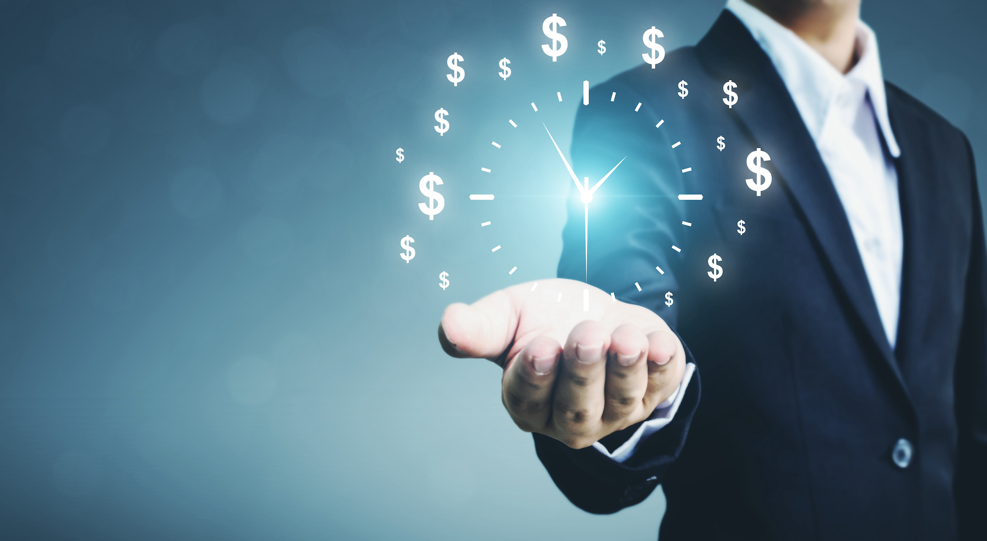 Man holding up glowing money and clock image