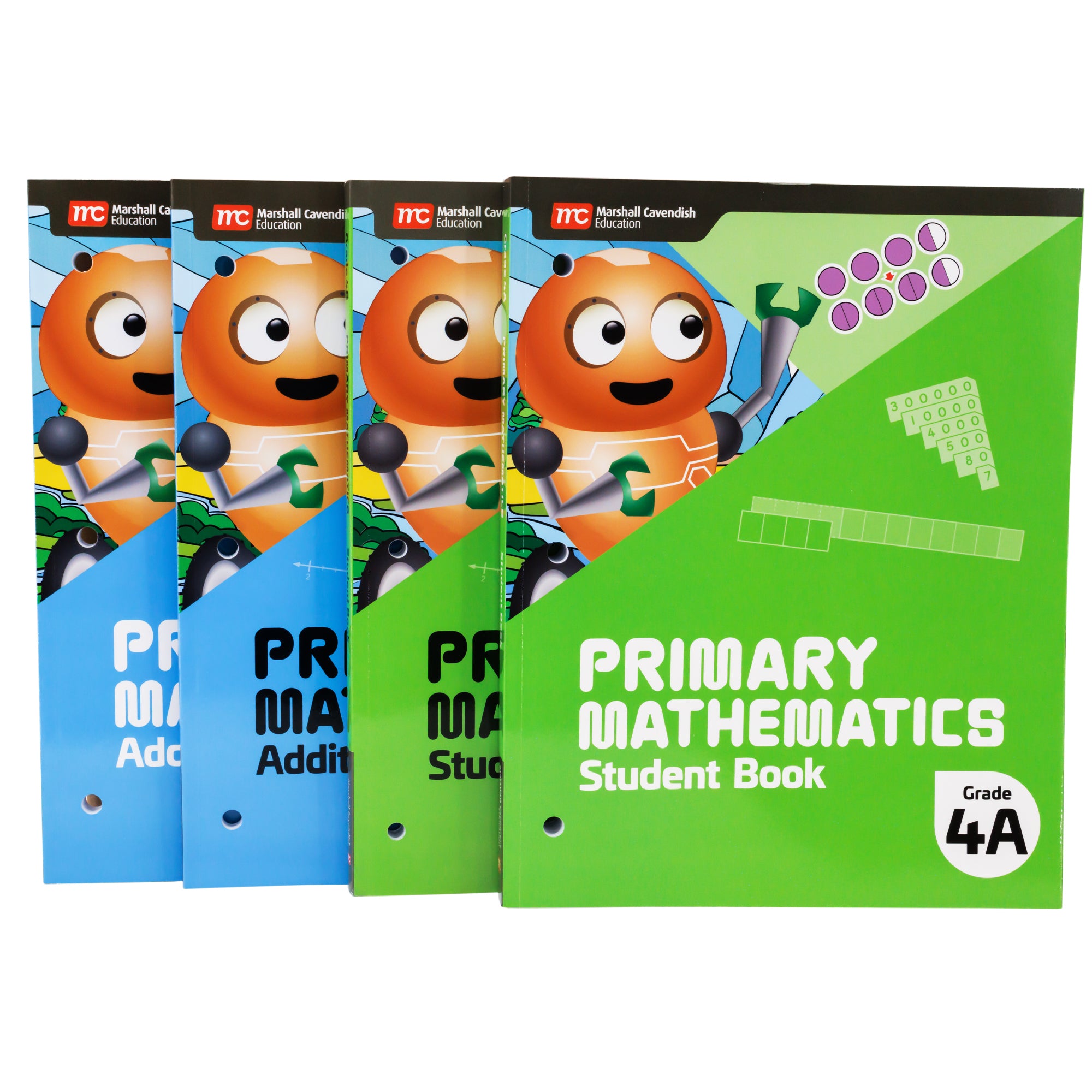 A row of 4 Singapore Primary Math fourth grade books. All books show a robot on the cover with a blue background on the 2 left books and a green background on the 2 right books.