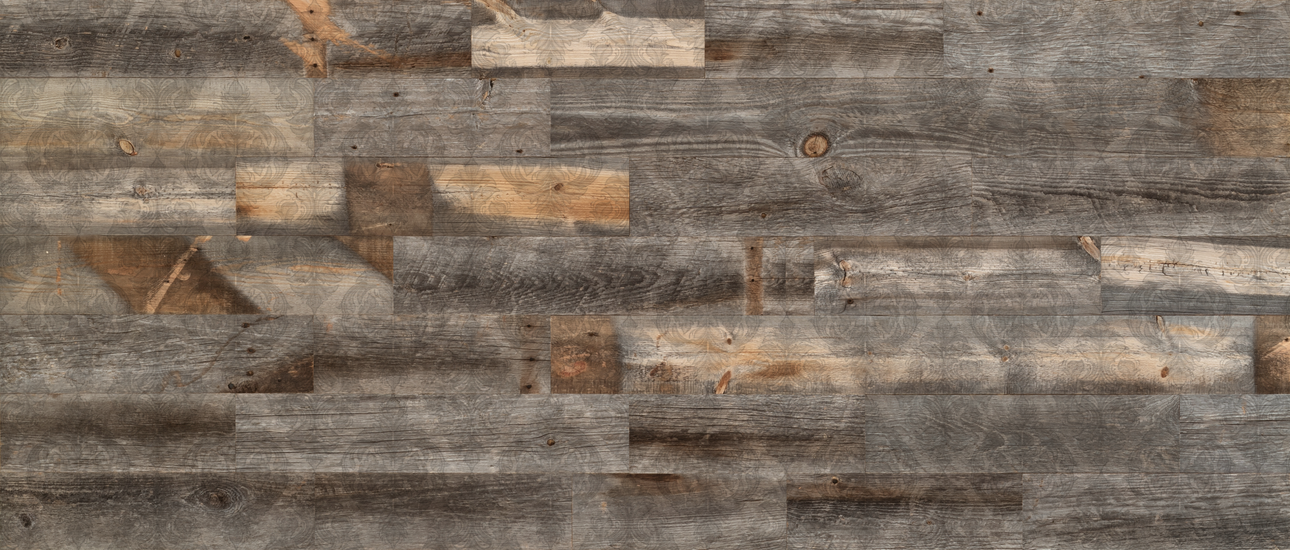 Stikwood Plankprint Reclaimed Victoria material explorer | real reclaimed barnwood pine peel and stick wood wall and ceiling planks with silver, gray, tan, black and brown colors and a printed pattern..