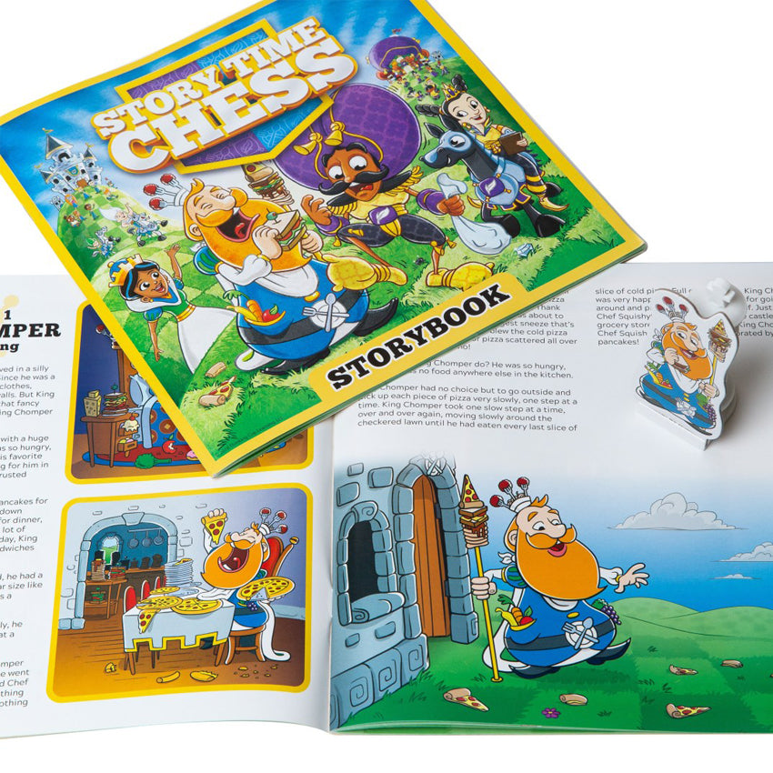 Story Time Chess Story book, instruction manual, and a king playing piece laid out on a white surface. The Storybook cover is the same as the box cover. A blue-sky background with patchwork hills and a tall hill on each side with a castle on each. Many characters are coming out of each castle and running to the front, some smiling, waving, and some riding horses. 2 men are in the front middle, the Kings of each castle. The left is eating a sandwich and laughing. The right is looking at his feet in concern.