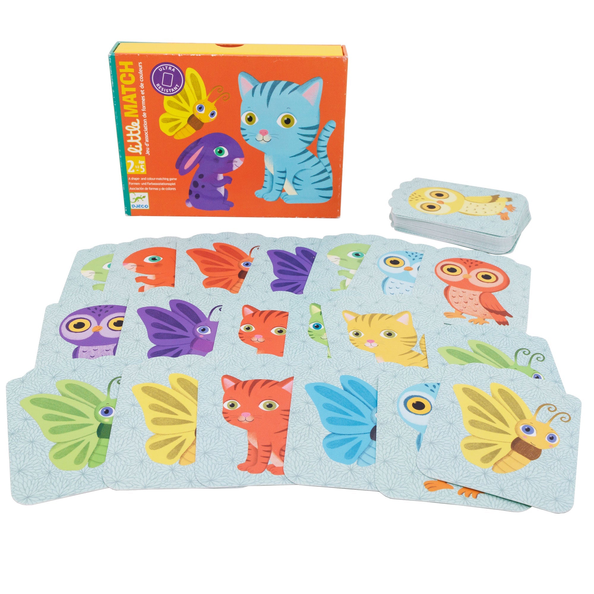 Djeco Little Match game box with cards spread out. The box in the back is dark orange with 3 animals in the middle; a yellow butterfly, blue cat, and purple bunny. They are all smiling and looking straight at you. To the right of the box is a stack of cards. In the front, there are 3 rows of cards. The cards have different colored animals on each. The animals on the cards are a cat, butterfly, owl, and bunny.