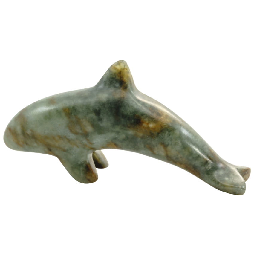Gray with brown swirled soapstone orca figurine with a white background.