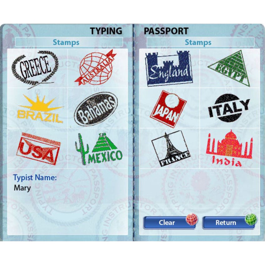 Typing Instructor screenshot of a "typing passport" with stamps from different countries, including; Greece, Australia, Brazil, The Bahamas, USA, Mexico, England, Egypt, Japan, Italy, France, and India. There are 2 dark blue buttons on the bottom of the right page that are labeled "clear" and "return."