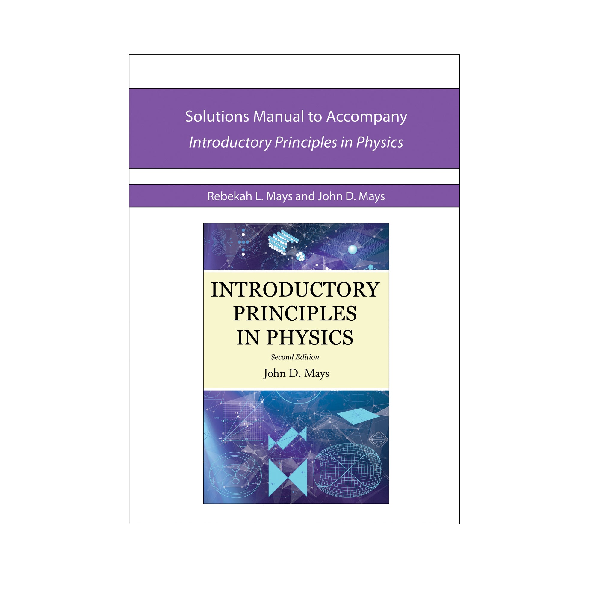 Introductory Principles in Physics Solutions Manual cover. Cover is white with purple stripes and an image of the Introductory Principles in Physics cover with shows a background of purples and blues with images of shapes and graphs in light blue and white. In the middle is a cream color with the title and author.