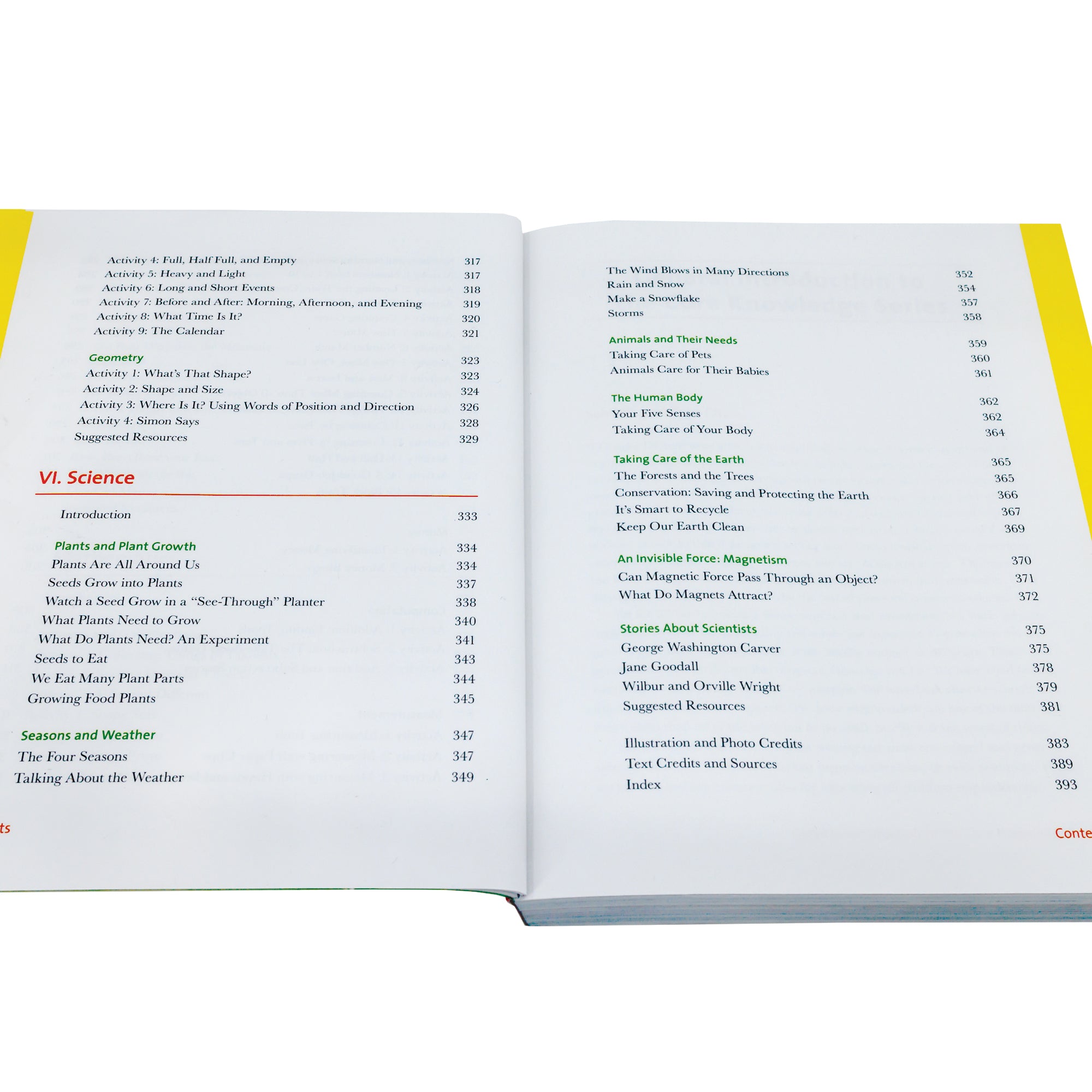 The What Your Kindergartener Needs to Know book open to show the contents on a white page with a yellow boarder along the outsides of the pages. The section titles are in red with green subsection titles and black text below. Section 6 is titled “Science.”