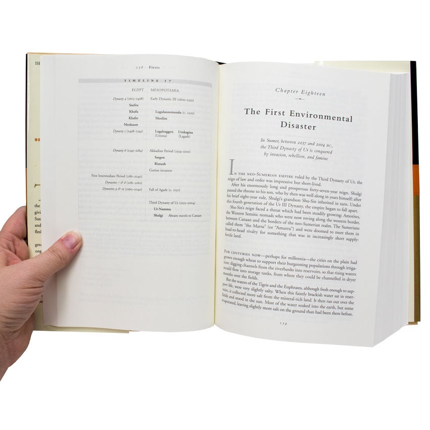A hand on the left is holding The History of the Ancient World book open to show inside pages. The left page shows a timeline of chapter 17 which discusses Egypt and Mesopotamia. The right page is the beginning of chapter 18 and is titled “The First Environmental Disaster” at the top with paragraphs of text below.