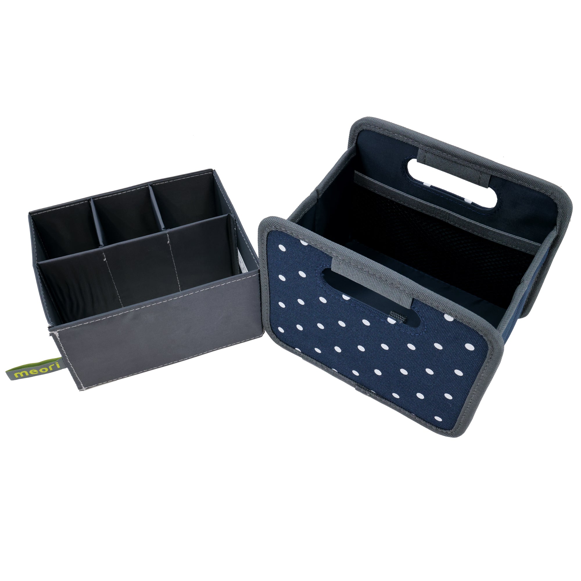 Navy blue with white polka dots colored Meori storage box with navy blue insert beside it, both open.