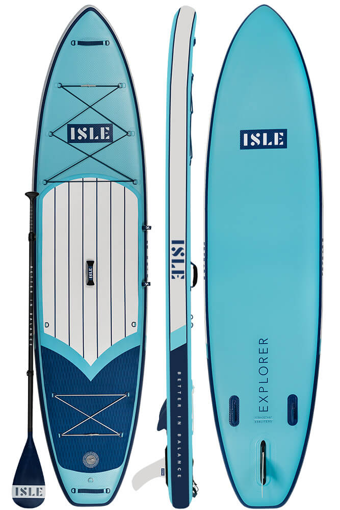 ExplorerInflatable Stand Up Paddle Board PackageOur highest performing inflatable paddle board. Portable, durable, and functional, the ISLE Explorer will carry you and your gear on any body of water, near and far.