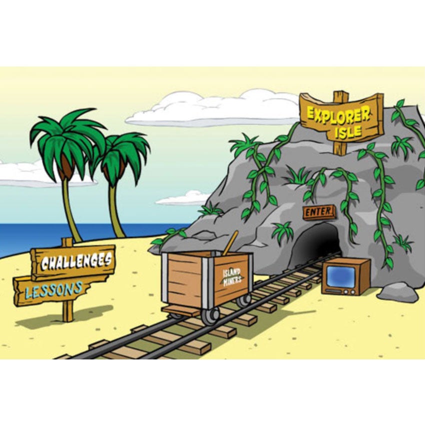 Typing Instructor for Kids screenshot of an island with a large vine covered rock in the middle with a track and mine cart going into a cave in the rock. There are 2 wood signs above the cave reading “Explorer Isle” and “enter.” To the right of the cave is an old TV. On the beach are 2 palm trees and a wood sign that reads “challenges” and “lessons.”