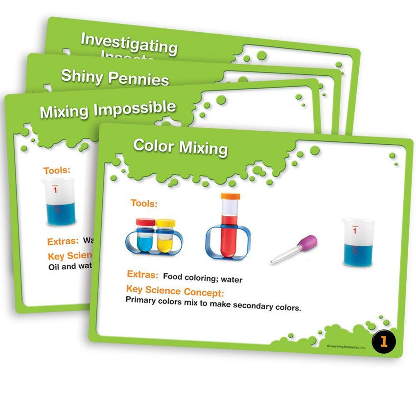 Several Primary Science Lab Kit activity cards. Green splatter boarder with a white middle. The activity cards are titled "color mixing," "mixing impossible," "shiny pennies," and "investigating."