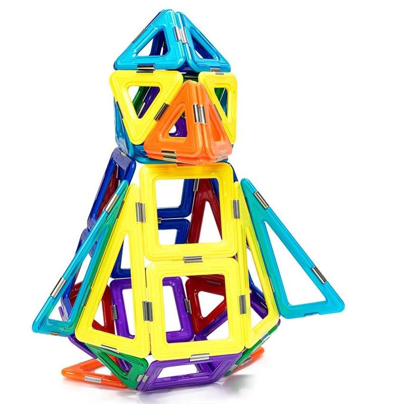GeoSmart Educational Deluxe pieces stuck together to form a 3 D penguin. The penguin has an orange beak and feet and is mostly yellow and blue on the front. Other pieces that make up the penguin are purple, blue, green, and red. The pieces are geometrical shapes in squares and triangles.