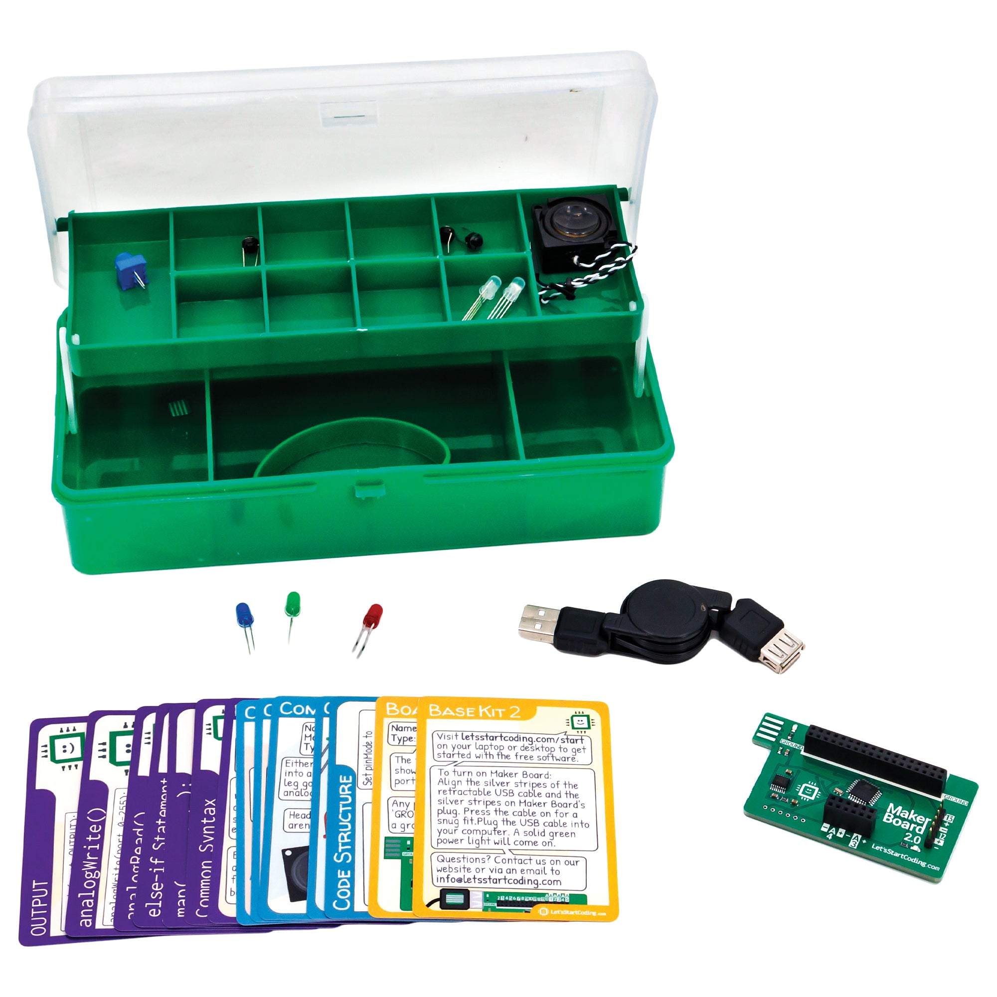 Let’s Start Coding Base Kit case with some contents spread out. The green and clear-lidded case is similar to a small tackle or bead box and contains L E D lights, turn knob, push buttons, and the speaker. On the white surface in front of the case if a retractable USB cord, 3 colored L E D lights, Maker Board, and reference cards.