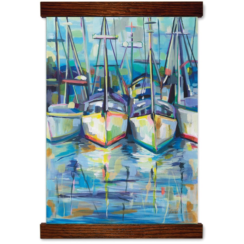 Two Stick Shadows Paint Kit, boats. The large canvas shows 4 boats parked in a marina. The colors are mostly blue, with some green, yellow, pinks, and rust colors added. The picture frame is 2 dark brown wooden pieces on the top and bottom. 