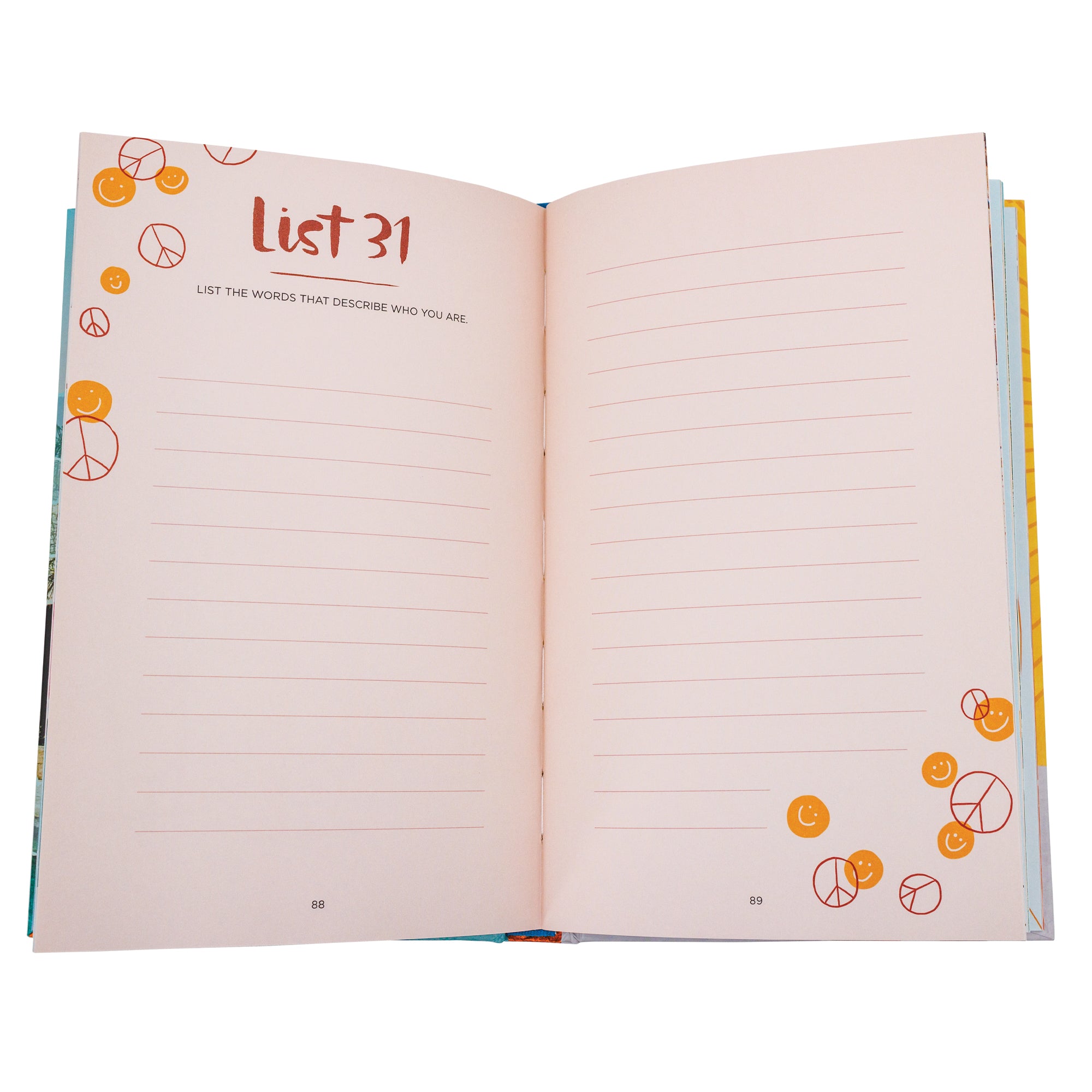 My 52 Lists Project book open to show 2 pages with empty lines for journaling. The background is a faint orange with peace signs and smiley faces in the upper-left and lower-right corner. The text reads "list 31, list the words that describe who you are."