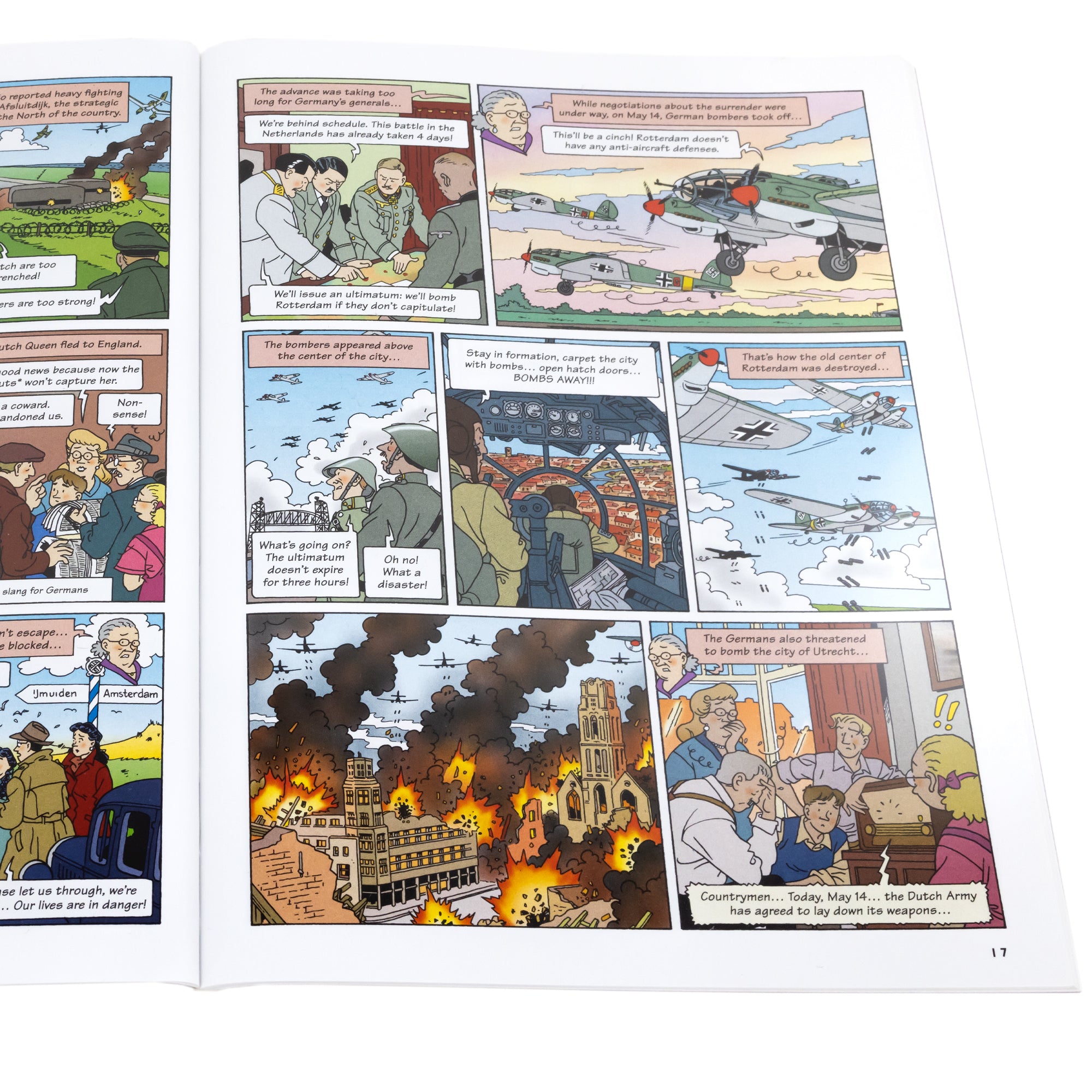 A Family Secret open to show inside pages. The left page shows a Jewish family in the Netherlands trying to escape to England. The right page shows the German army bombing Rotterdam. The layout shown in the open book is like a comic book with colored illustrations and talk bubbles.
