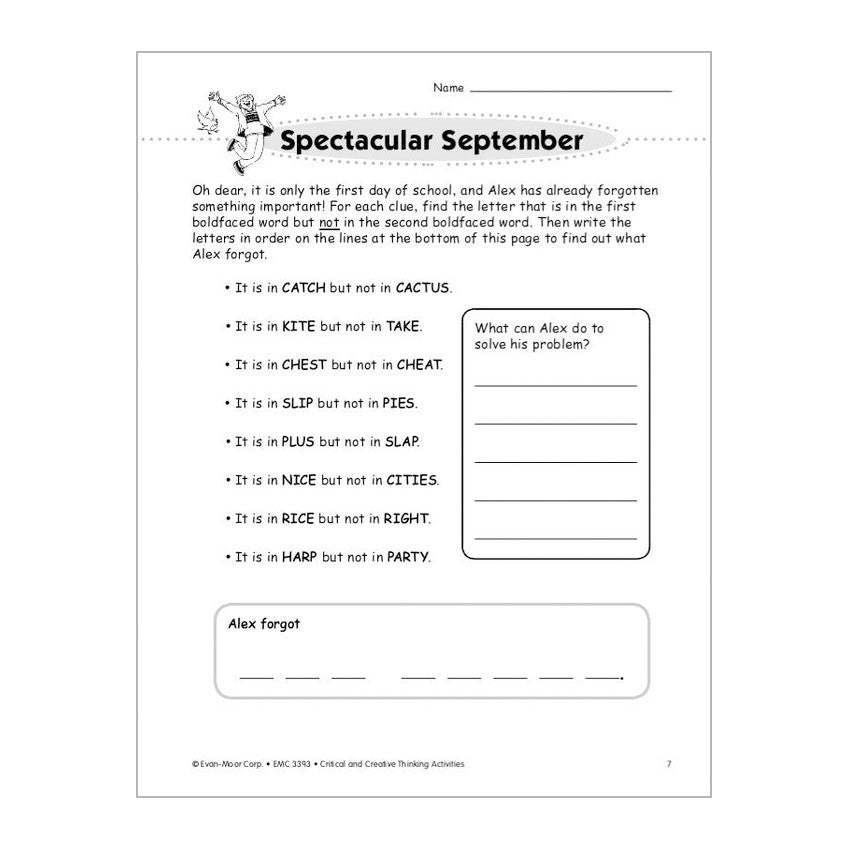 Critical & Creative Thinking book 3 sample page. The page is titled “Spectacular September” and has a story about a child that left for school and forgot something at home. You have to read through a list of clues that will spell out the answer to the activity.