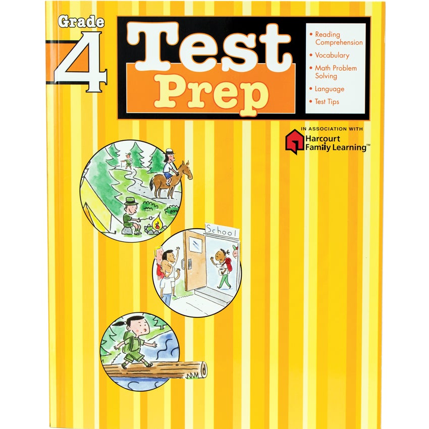 Test Prep Grade 4 book. The background is striped with different shades of yellow. The title at the top is next to a list of items covered in the book, including; Reading Comprehension, Vocabulary, Math Problem Solving, Language, and Test Tips. Below and to the left are 3 illustrations in circle frames. The top is of children at a camp site, the middle is of children leaving school and being greeted by their parents, and the bottom is of a child walking across a log on a river.
